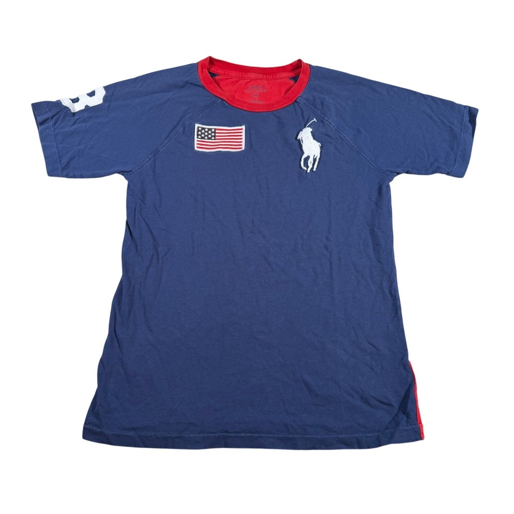 Polo Ralph Lauren T-Shirt Youth Medium Navy Red Big Pony USA Flag Raglan